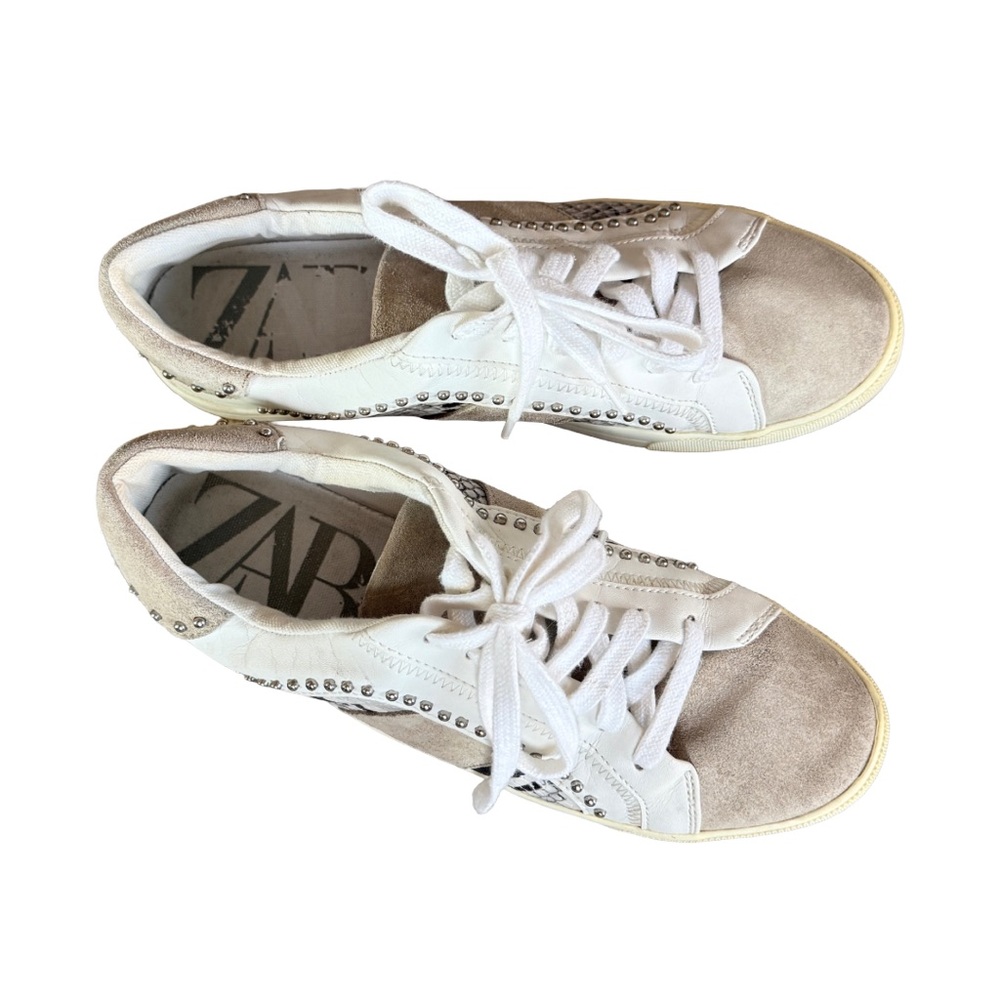 Zara Studded Snake Print Sneakers Neutral Leather EU 40 US 9 - Picture 6 of 9